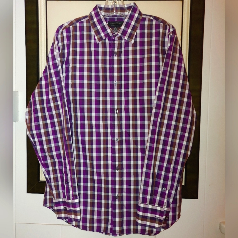 Banana Republic Non-Iron Tailored Slim Fit Purple Checked Long Sleeve Shirt L